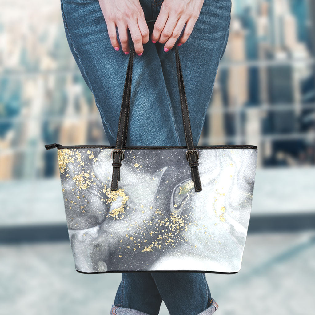 Grey Gold Liquid Marble Print Leather Tote Bag