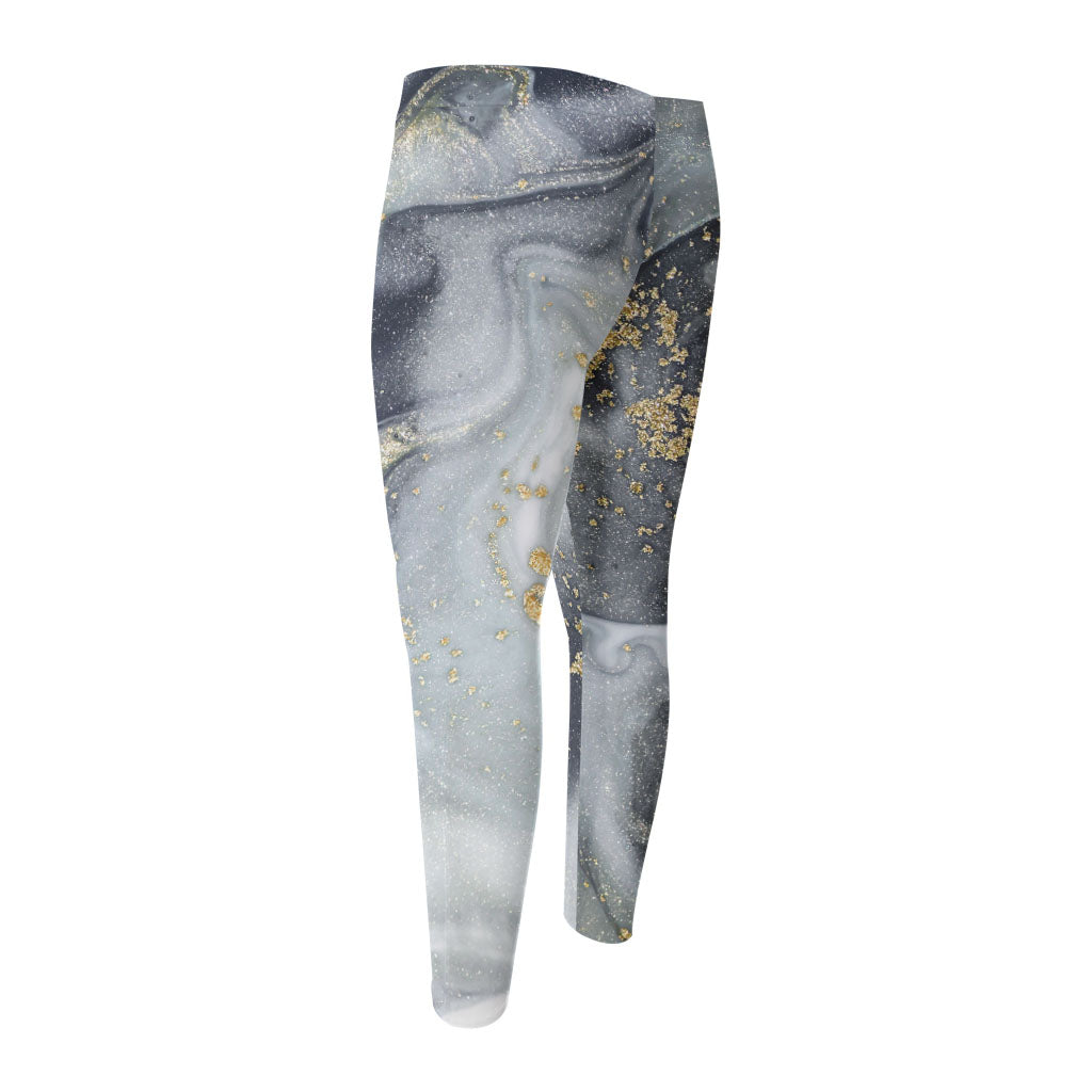 Grey Gold Liquid Marble Print Men's Compression Pants