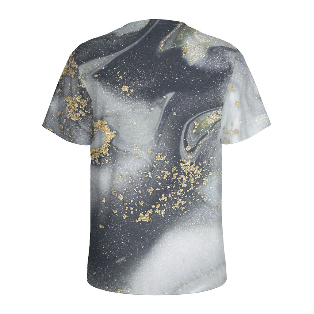 Grey Gold Liquid Marble Print Men's Sports T-Shirt