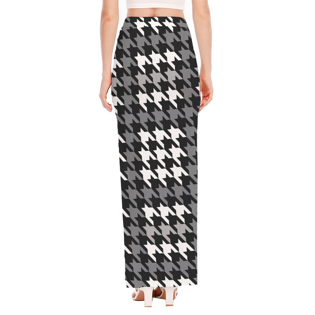 Grey Houndstooth Pattern Print High Slit Maxi Skirt
