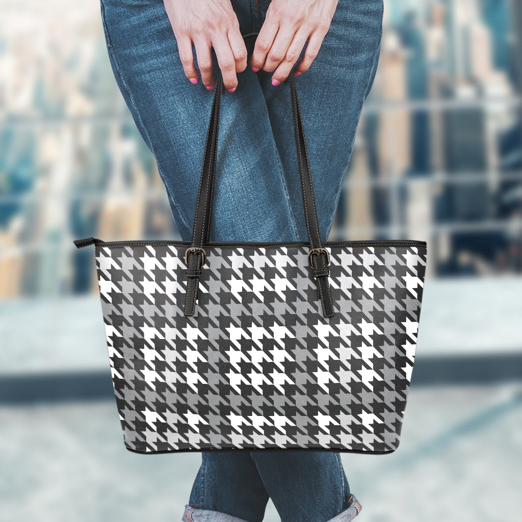 Grey Houndstooth Pattern Print Leather Tote Bag