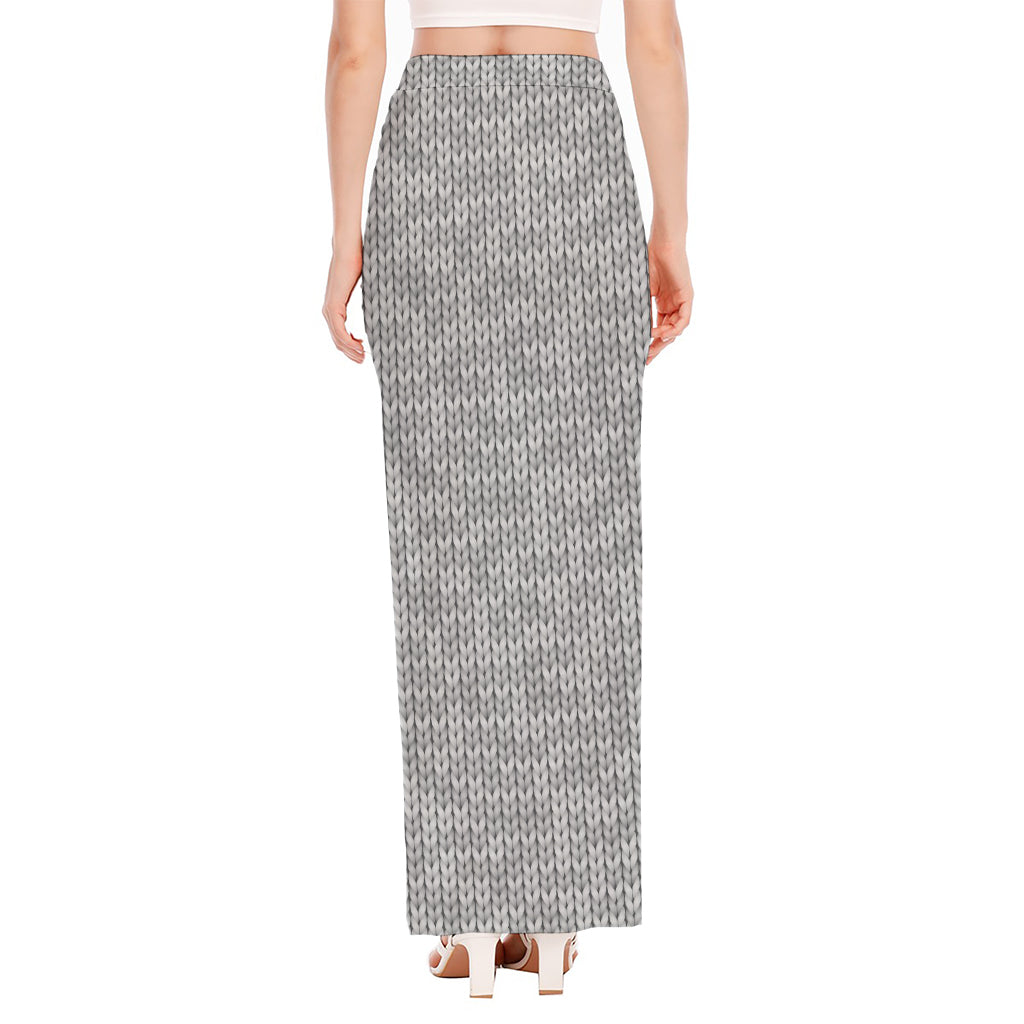Grey Knitted Pattern Print High Slit Maxi Skirt