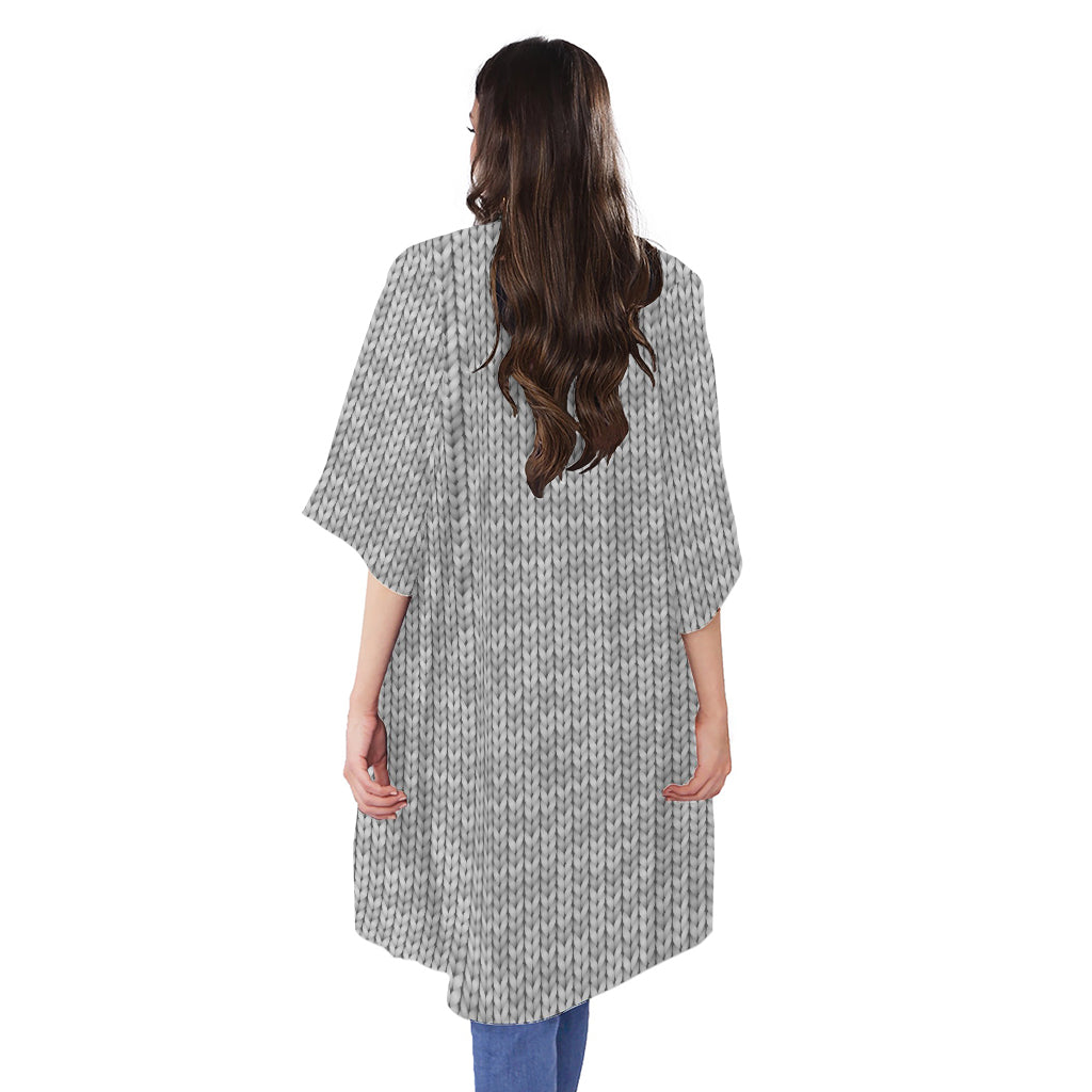 Grey Knitted Pattern Print Open Front Beach Cover Up