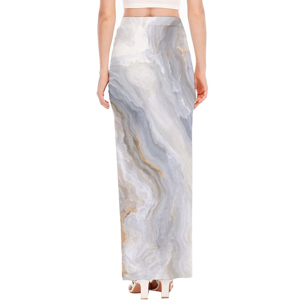 Grey Marble Print High Slit Maxi Skirt