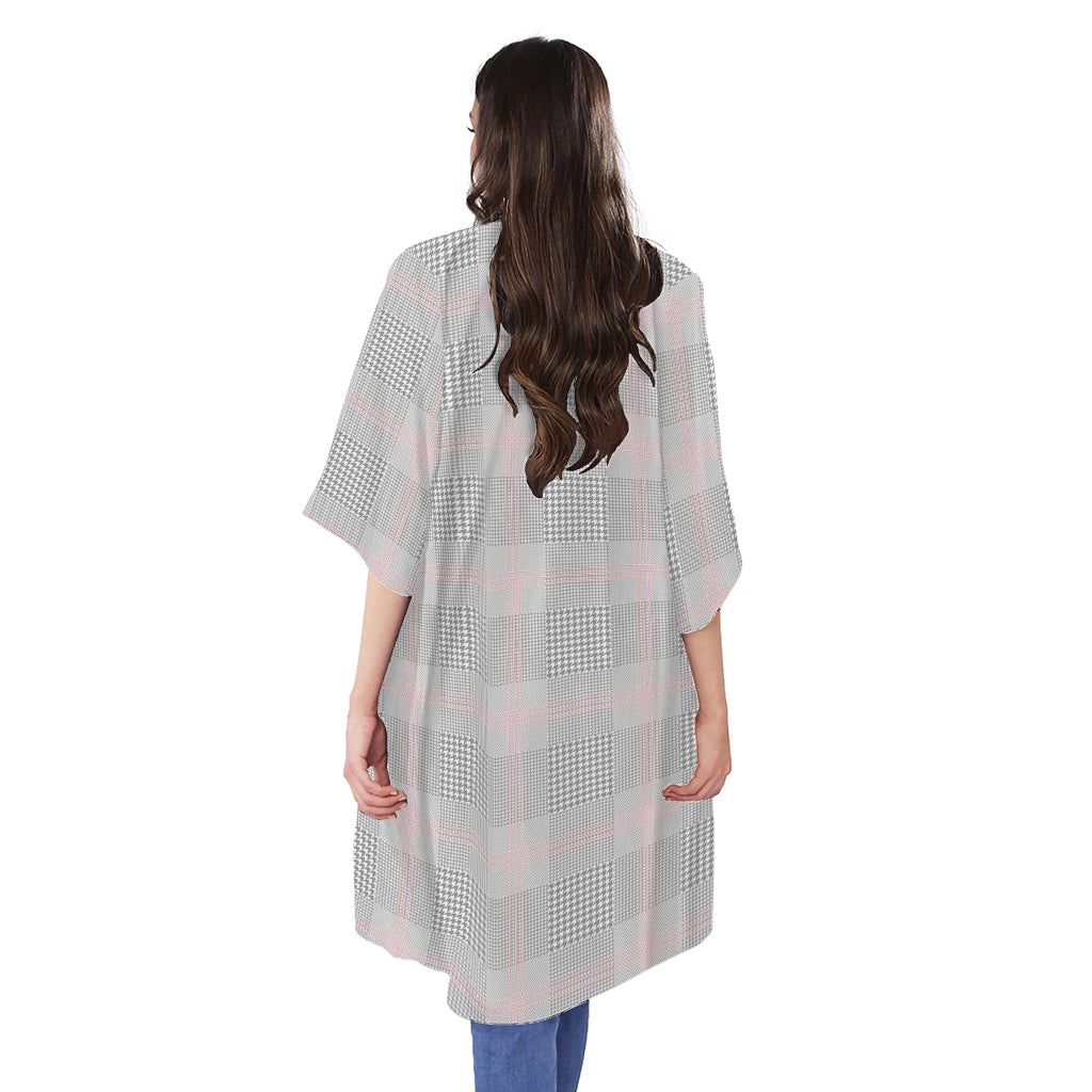 Grey Prince of Wales Check Print Open Front Beach Cover Up