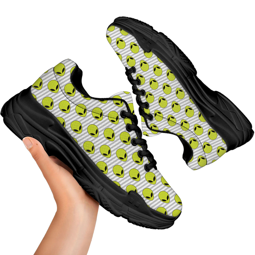 Grey Striped Alien Pattern Print Black Chunky Shoes