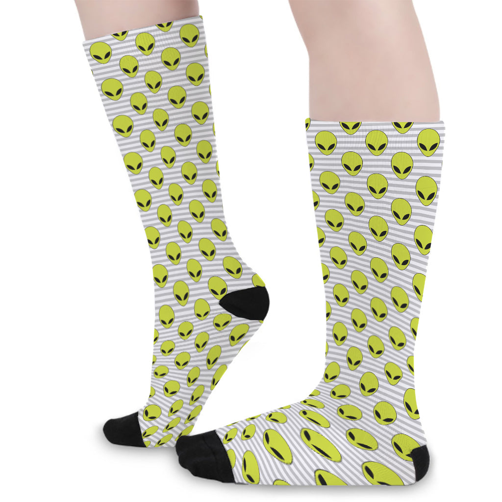 Grey Striped Alien Pattern Print Long Socks