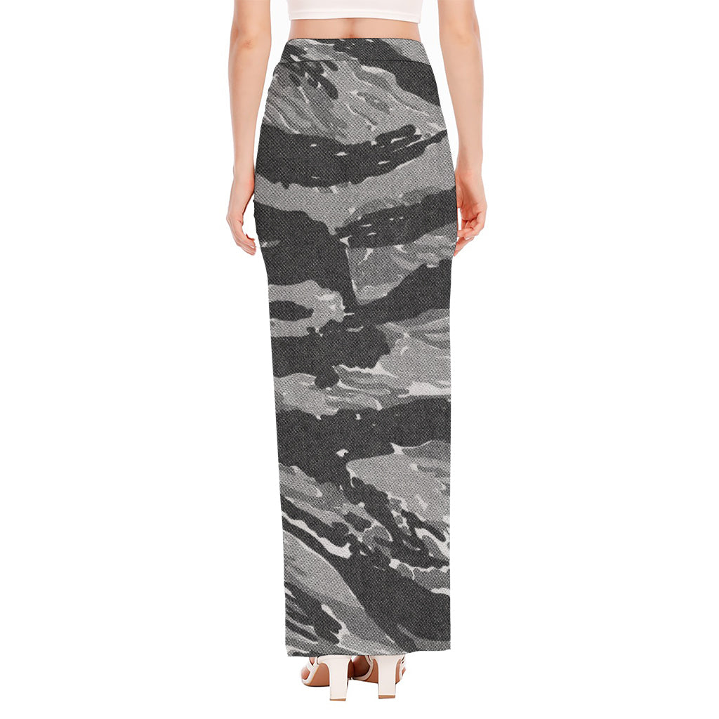 Grey Tiger Stripe Camouflage Print High Slit Maxi Skirt