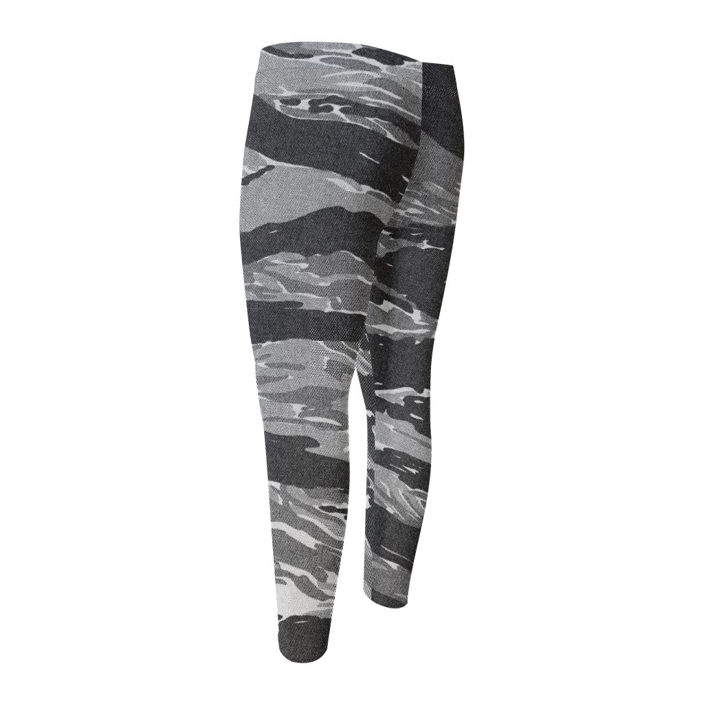 Grey Tiger Stripe Camouflage Print Men's Compression Pants