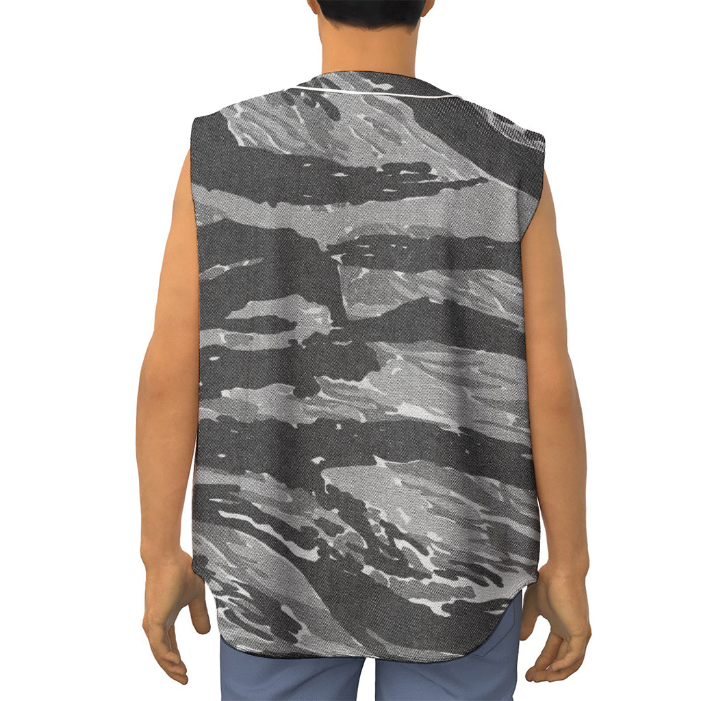 Grey Tiger Stripe Camouflage Print Sleeveless Baseball Jersey