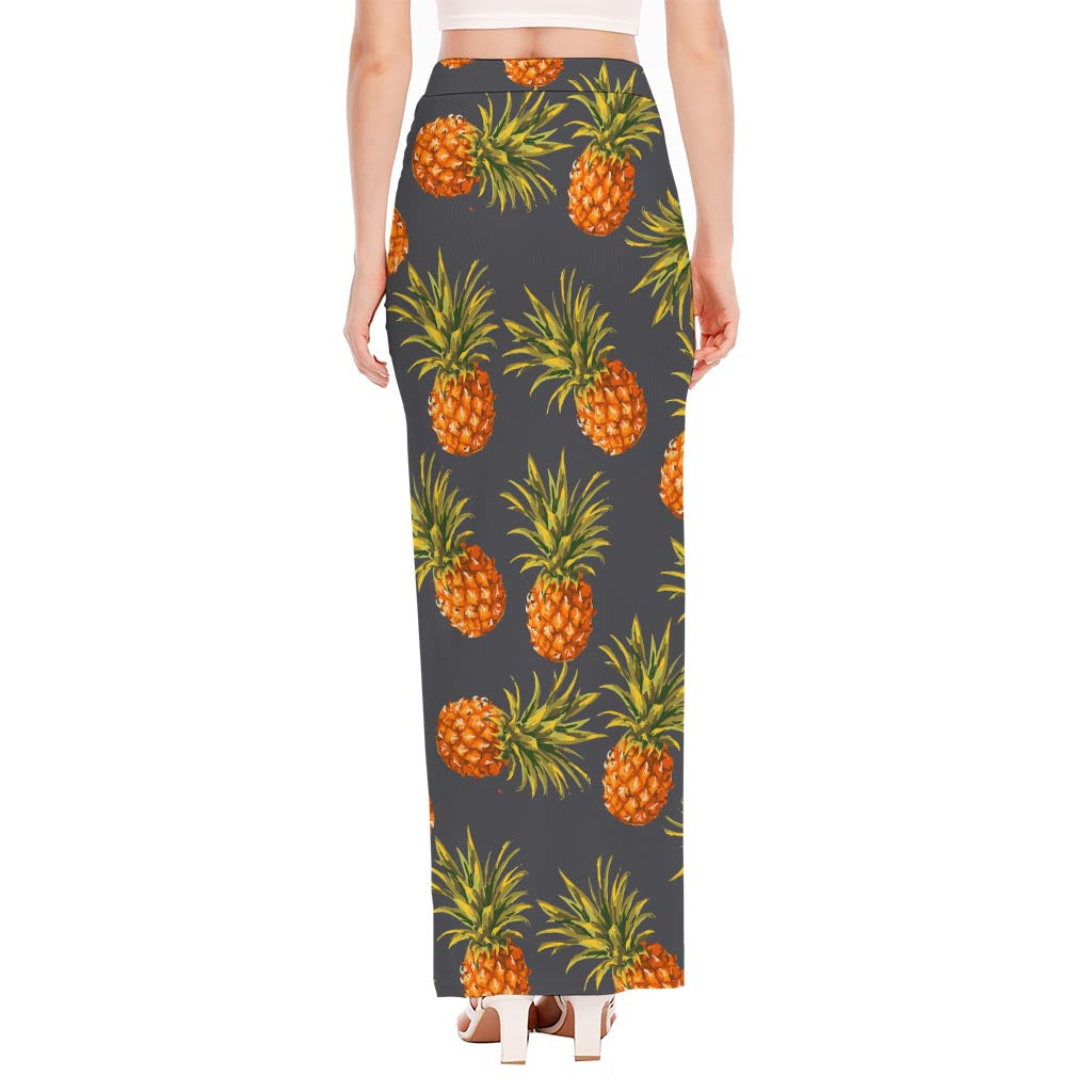Grey Watercolor Pineapple Pattern Print High Slit Maxi Skirt