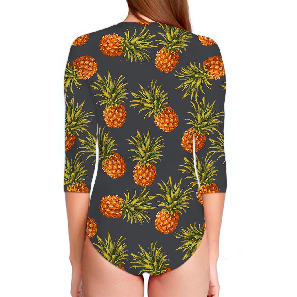 Grey Watercolor Pineapple Pattern Print Long Sleeve Swimsuit