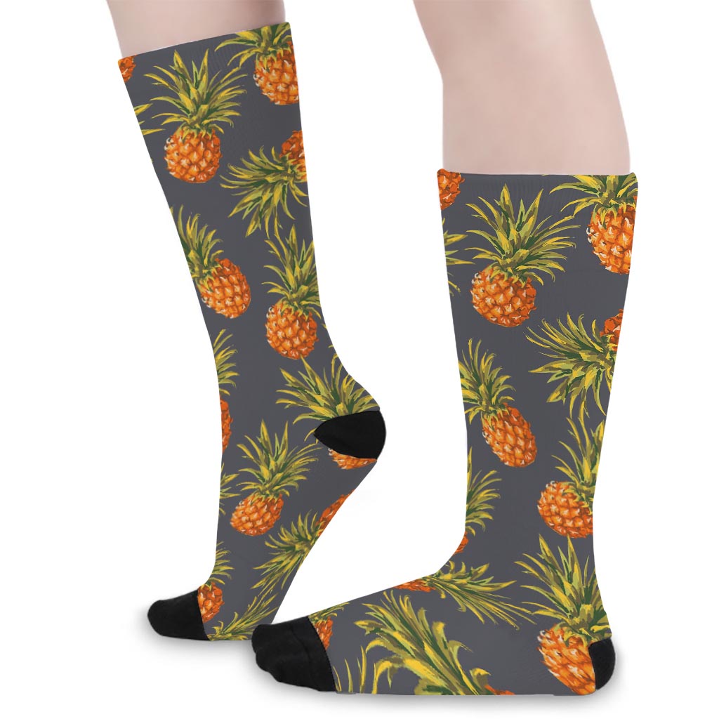 Grey Watercolor Pineapple Pattern Print Long Socks