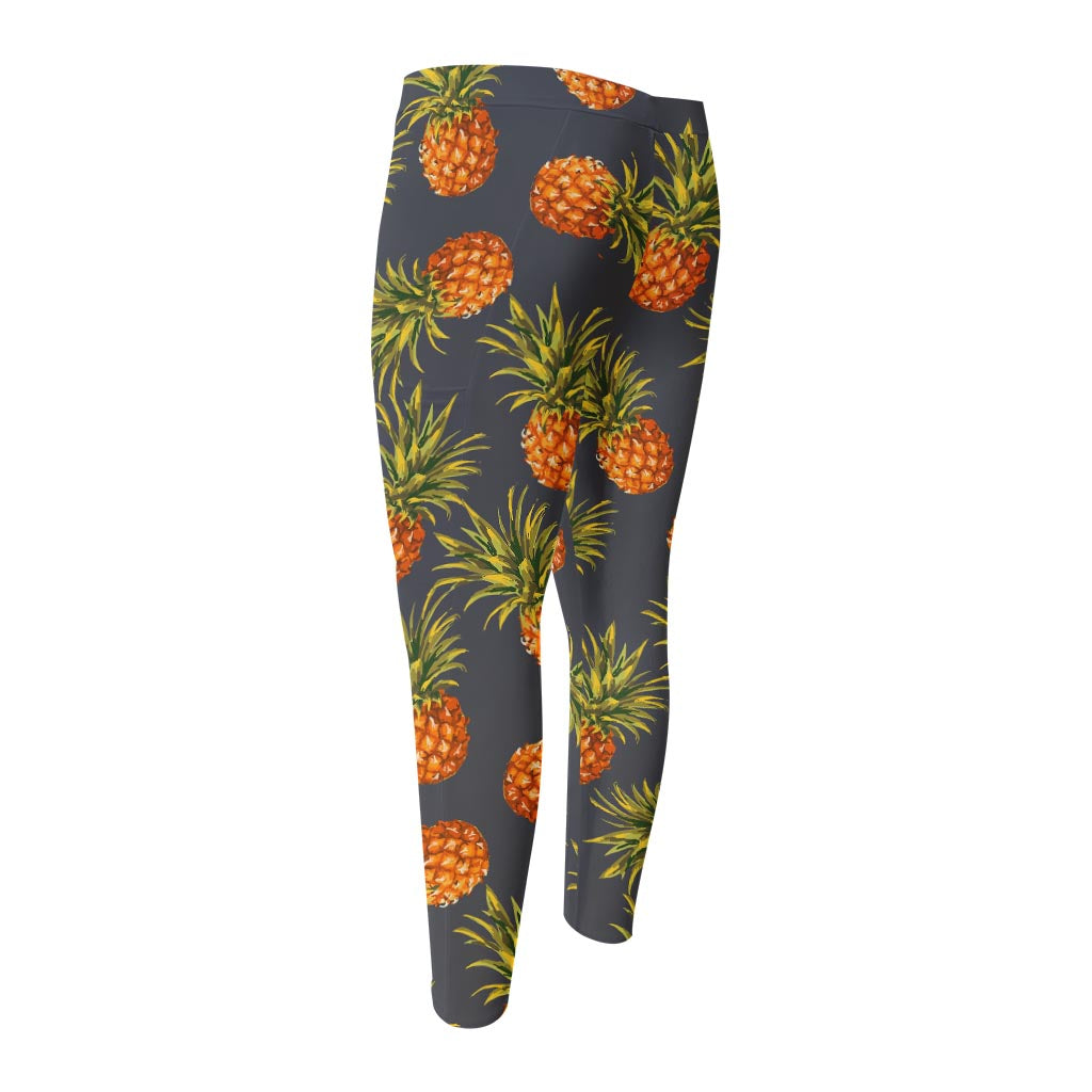 Grey Watercolor Pineapple Pattern Print Men's Compression Pants
