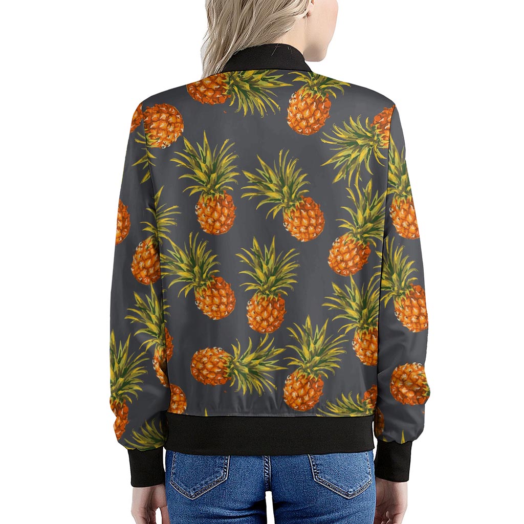 Grey Watercolor Pineapple Pattern Print Women's Bomber Jacket