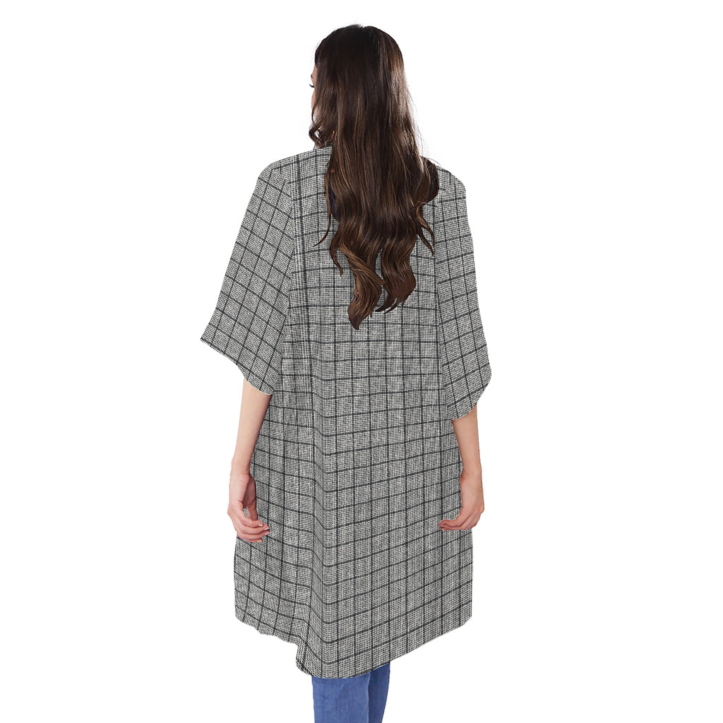 Grey Windowpane Pattern Print Open Front Beach Cover Up