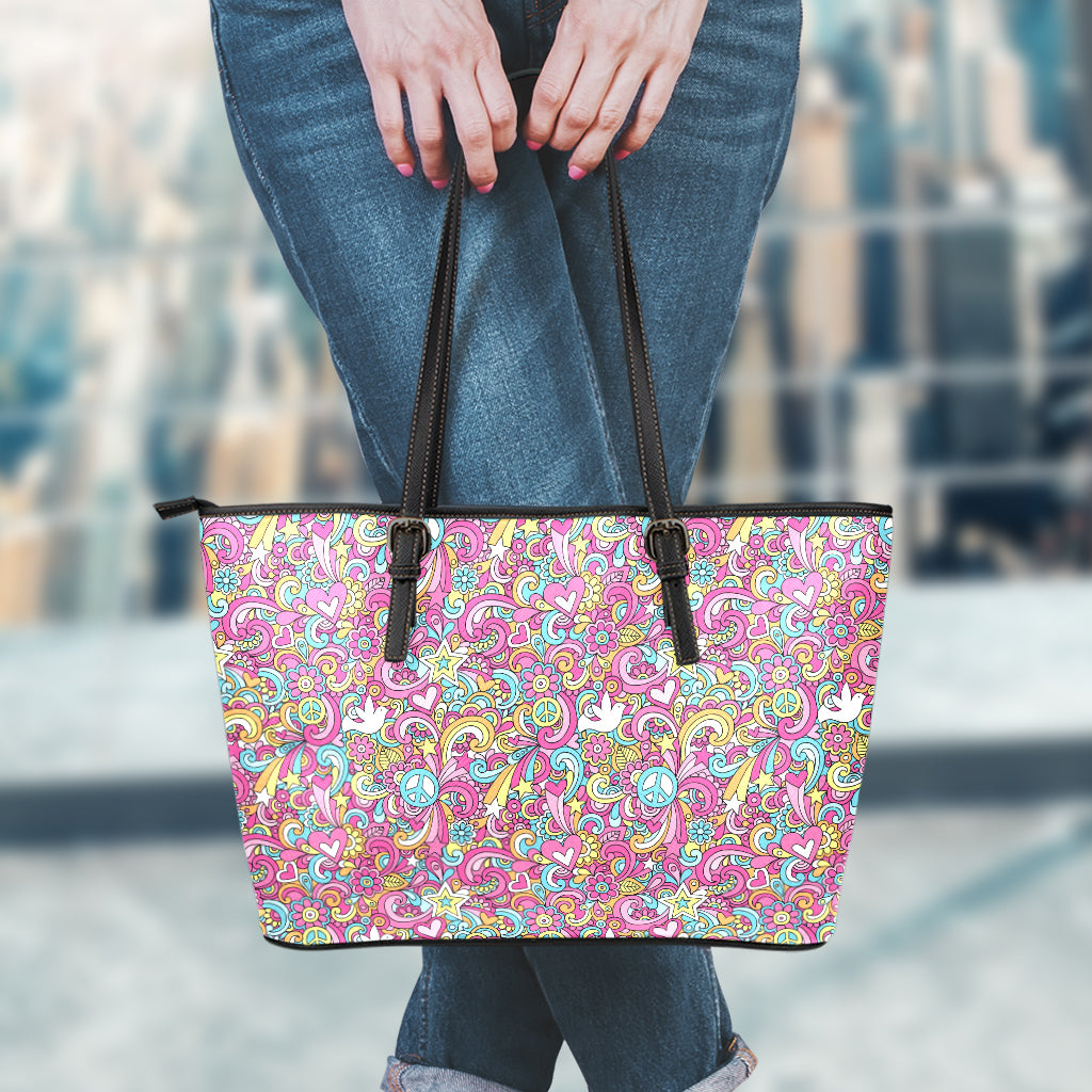 Groovy Girly Peace Pattern Print Leather Tote Bag
