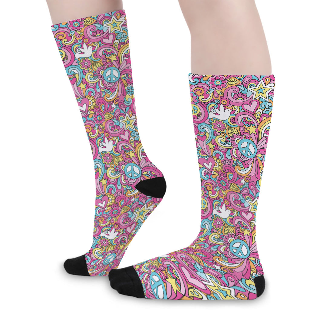 Groovy Girly Peace Pattern Print Long Socks