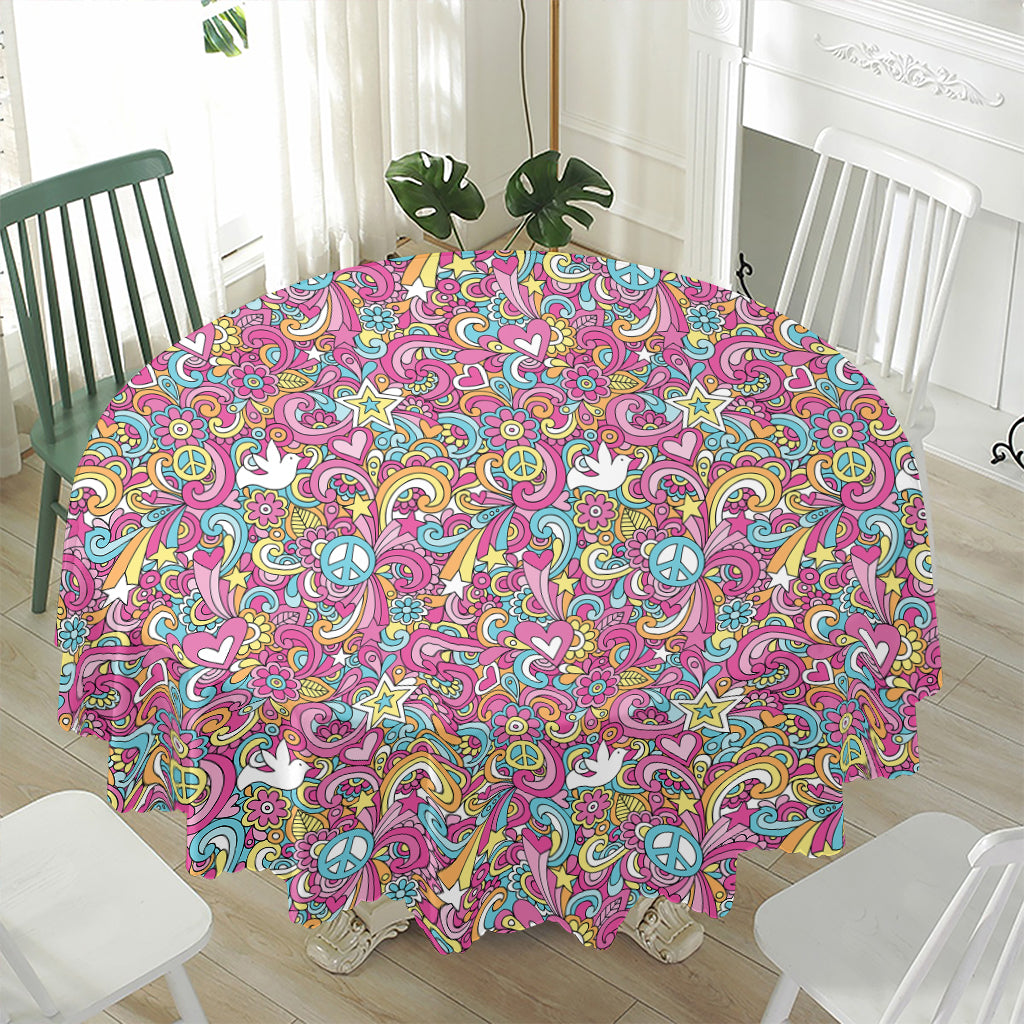 Groovy Girly Peace Pattern Print Waterproof Round Tablecloth