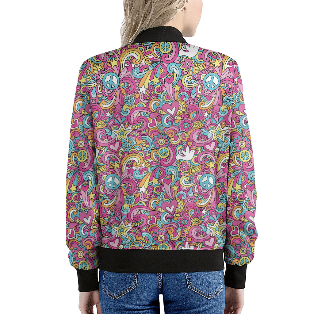 Groovy Girly Peace Pattern Print Women's Bomber Jacket