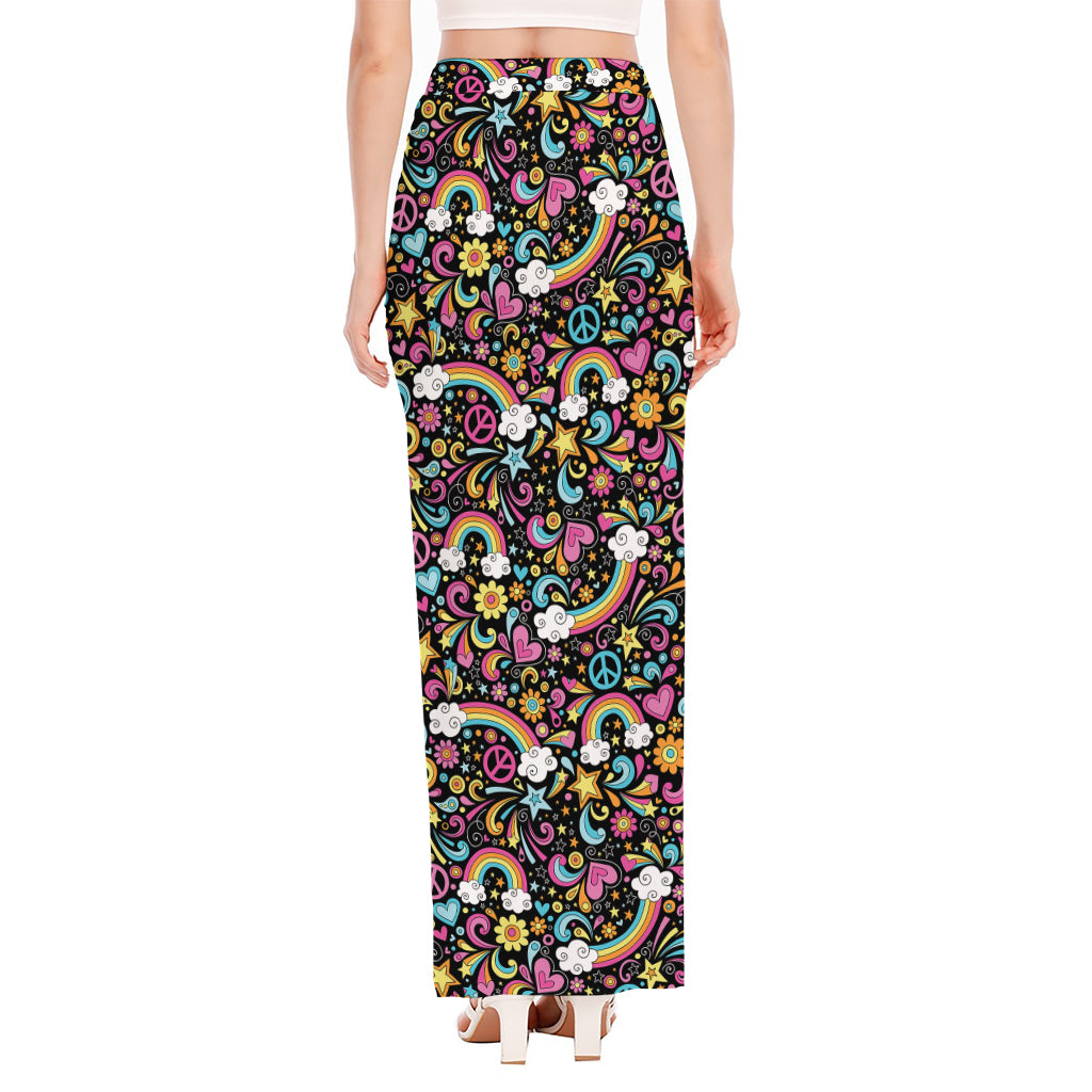 Groovy Hippie Peace Pattern Print High Slit Maxi Skirt