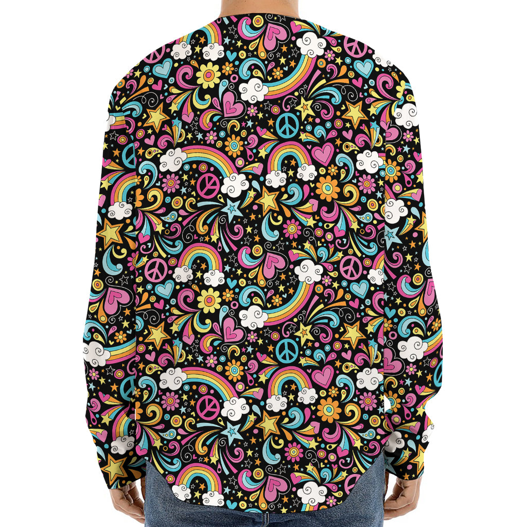Groovy Hippie Peace Pattern Print Long Sleeve Baseball Jersey