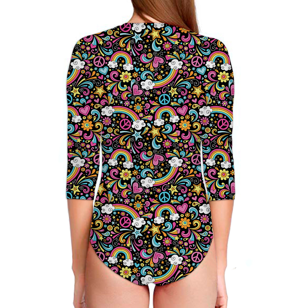Groovy Hippie Peace Pattern Print Long Sleeve Swimsuit