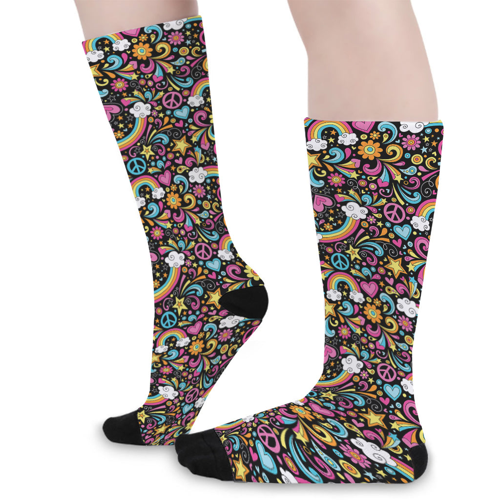 Groovy Hippie Peace Pattern Print Long Socks