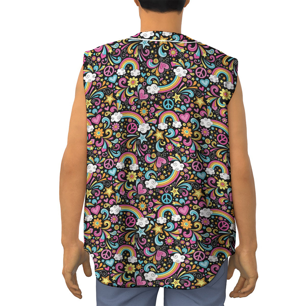 Groovy Hippie Peace Pattern Print Sleeveless Baseball Jersey