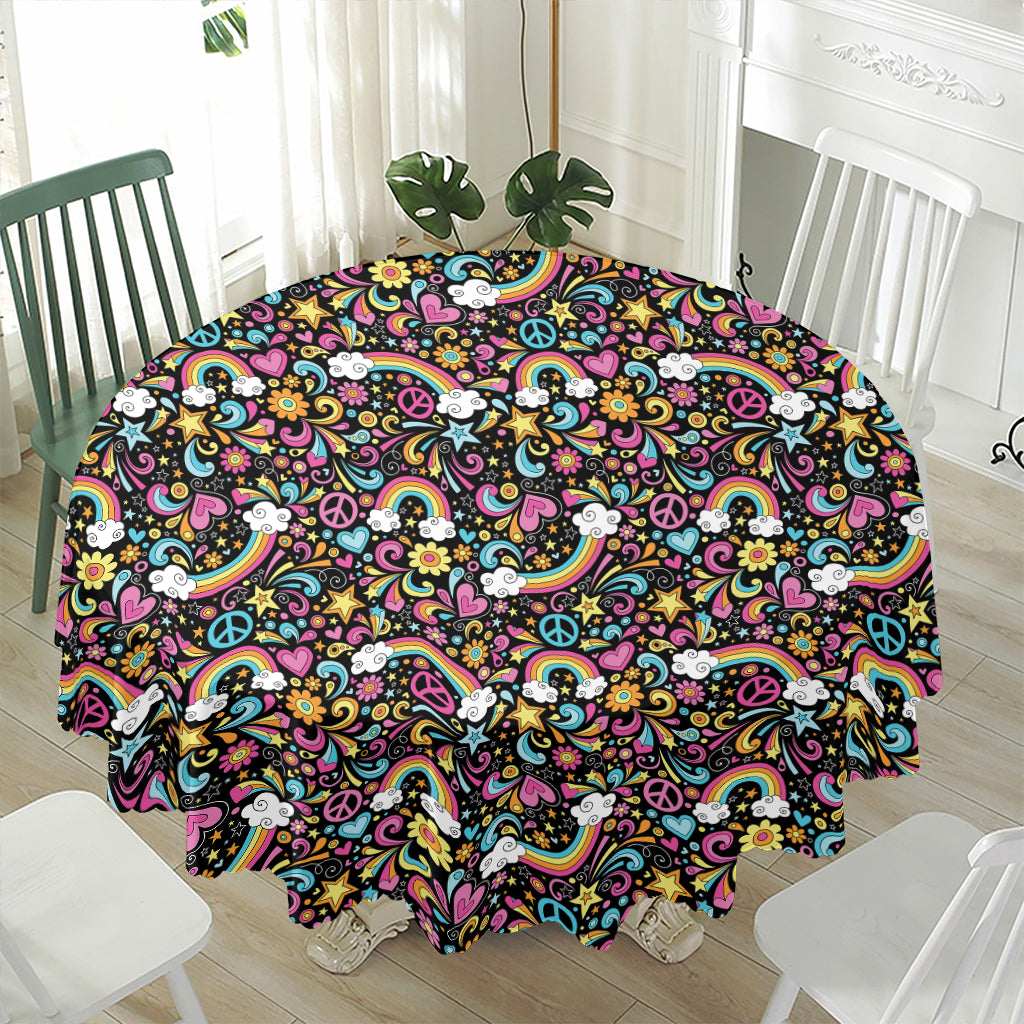 Groovy Hippie Peace Pattern Print Waterproof Round Tablecloth