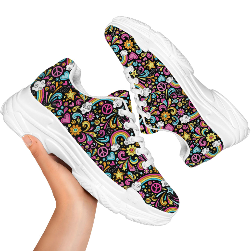 Groovy Hippie Peace Pattern Print White Chunky Shoes