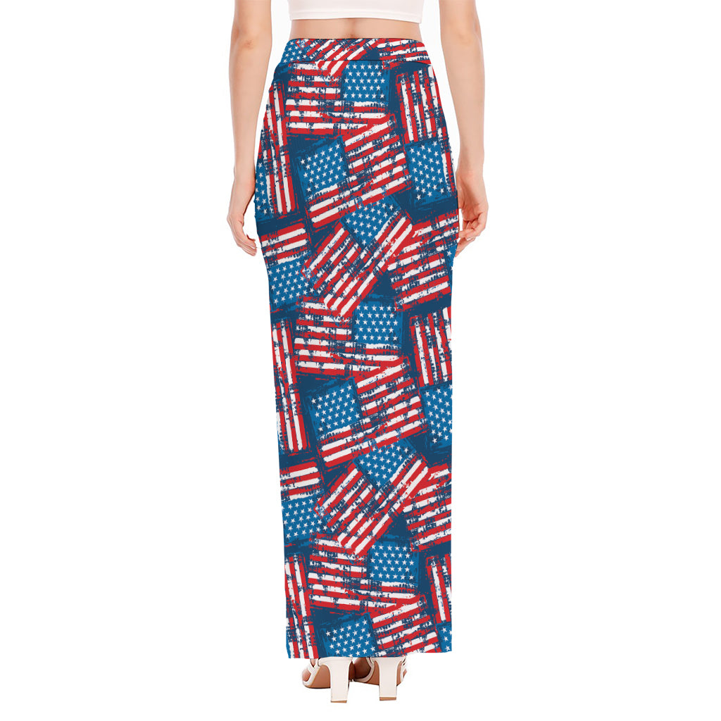 Grunge American Flag Pattern Print High Slit Maxi Skirt