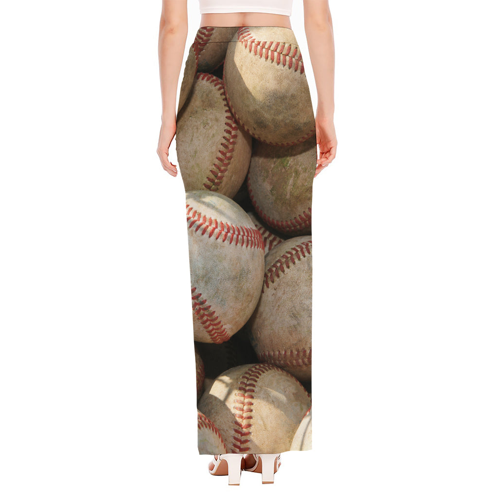 Grunge Baseballs Print High Slit Maxi Skirt