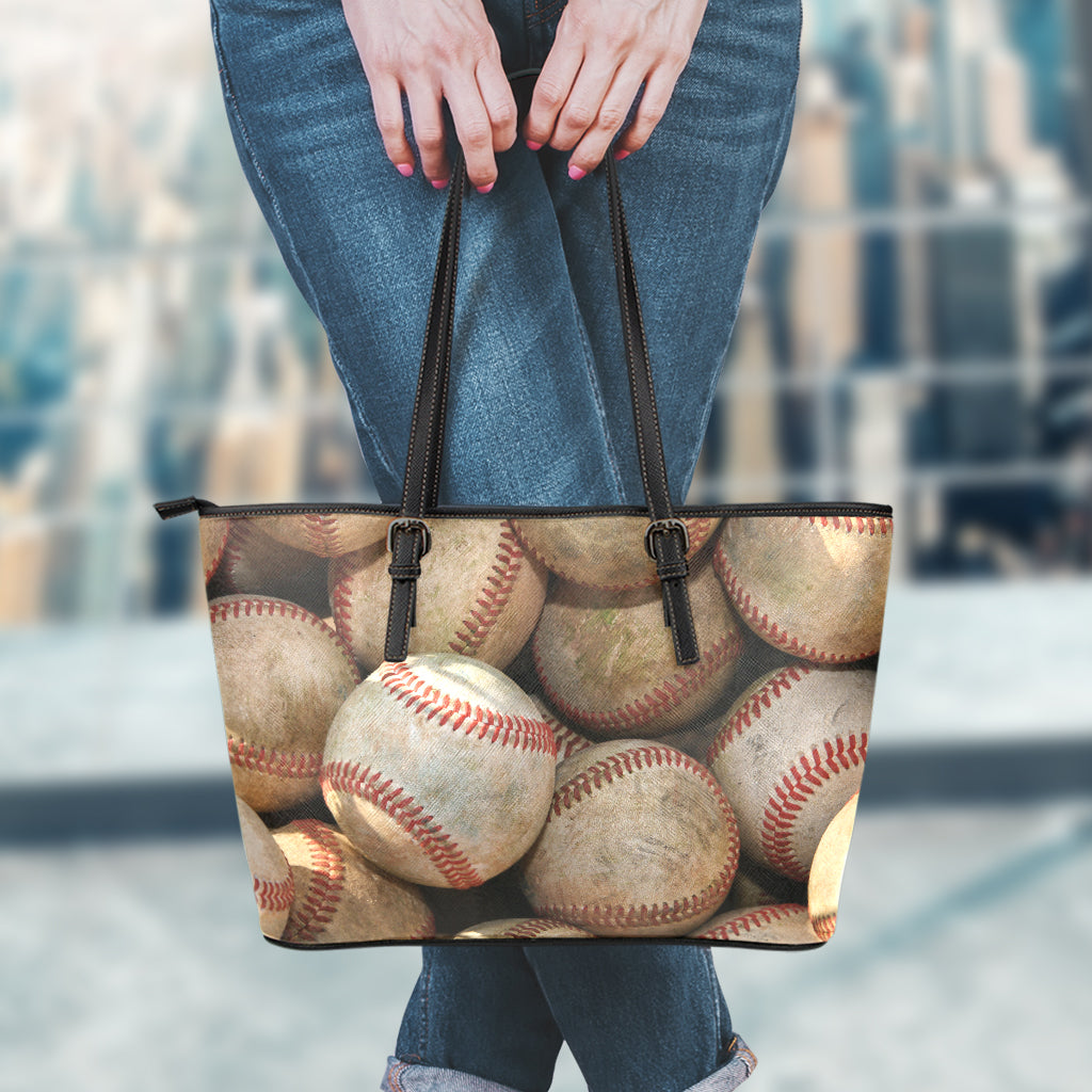 Grunge Baseballs Print Leather Tote Bag