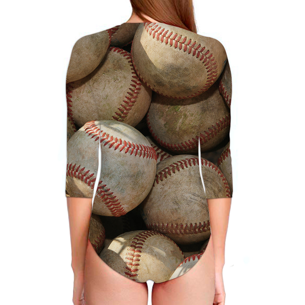 Grunge Baseballs Print Long Sleeve Swimsuit