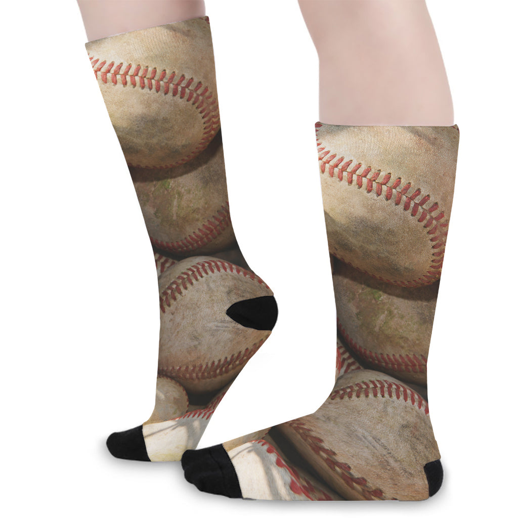 Grunge Baseballs Print Long Socks