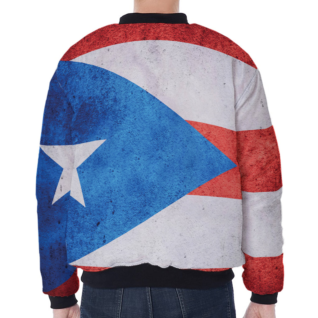 Grunge Puerto Rican Flag Print Zip Sleeve Bomber Jacket