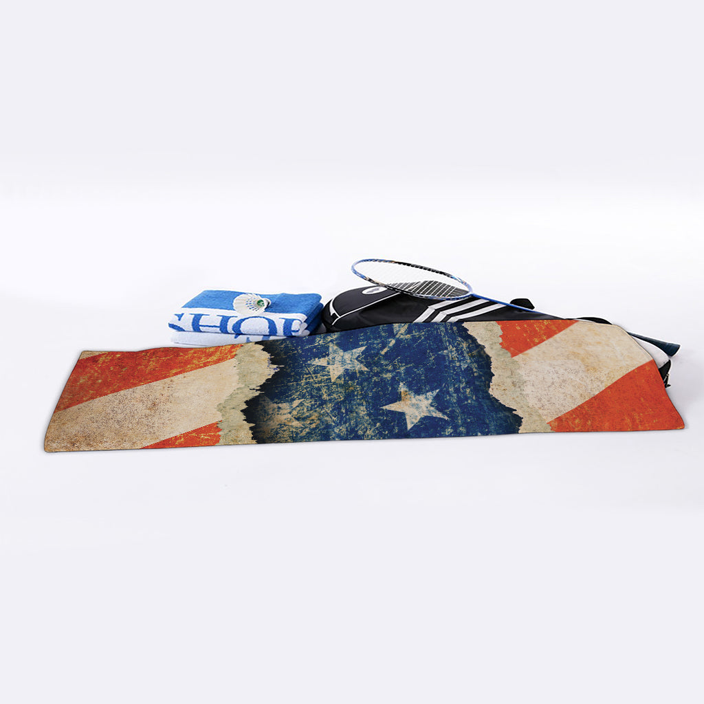 Grunge Ripped Paper American Flag Print Sports Towel