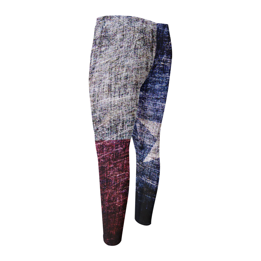 Grunge Texas Flag Print Men's Compression Pants