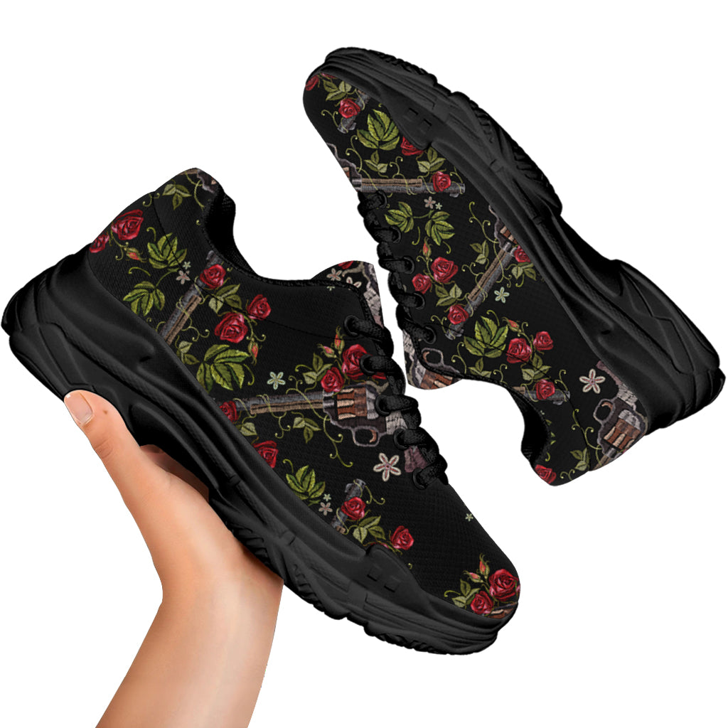 Guns And Flowers Pattern Print Black Chunky Shoes