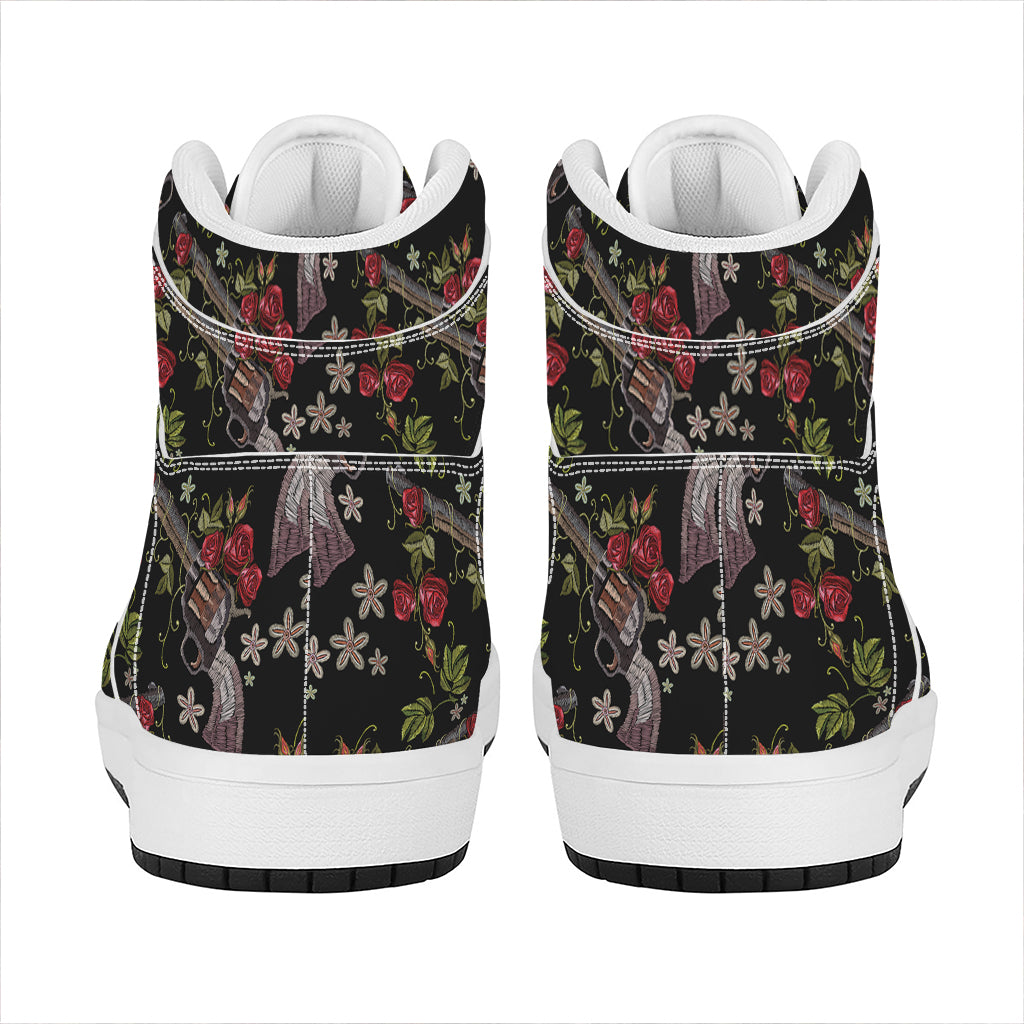 Guns And Flowers Pattern Print High Top Leather Sneakers