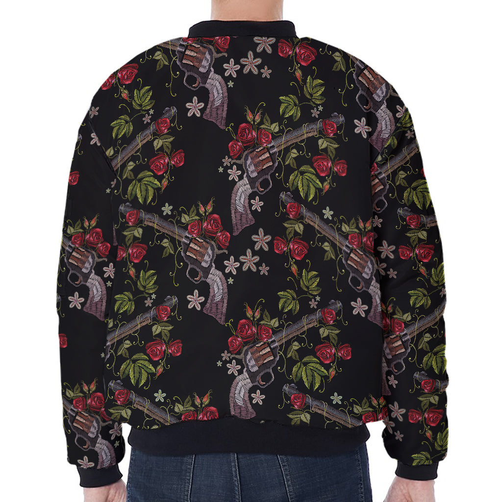 Guns And Flowers Pattern Print Zip Sleeve Bomber Jacket