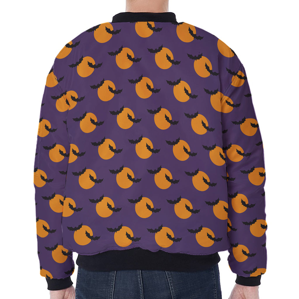 Halloween Bat And Moon Pattern Print Zip Sleeve Bomber Jacket