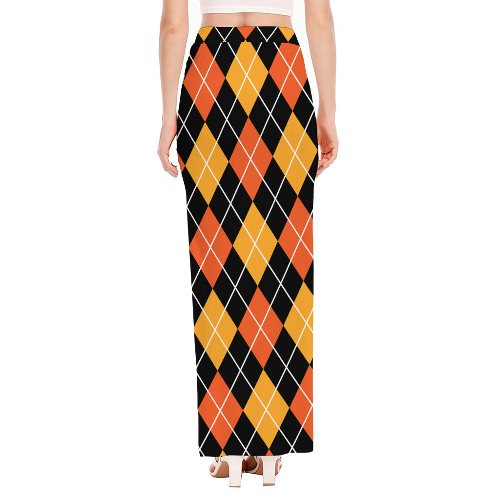 Halloween Black And Orange Argyle Print High Slit Maxi Skirt