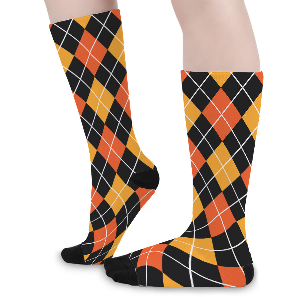 Halloween Black And Orange Argyle Print Long Socks