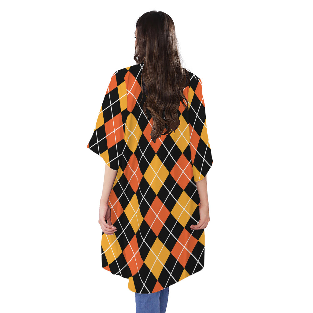 Halloween Black And Orange Argyle Print Open Front Beach Cover Up