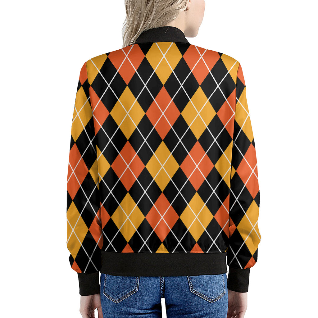 Halloween Black And Orange Argyle Print Women's Bomber Jacket