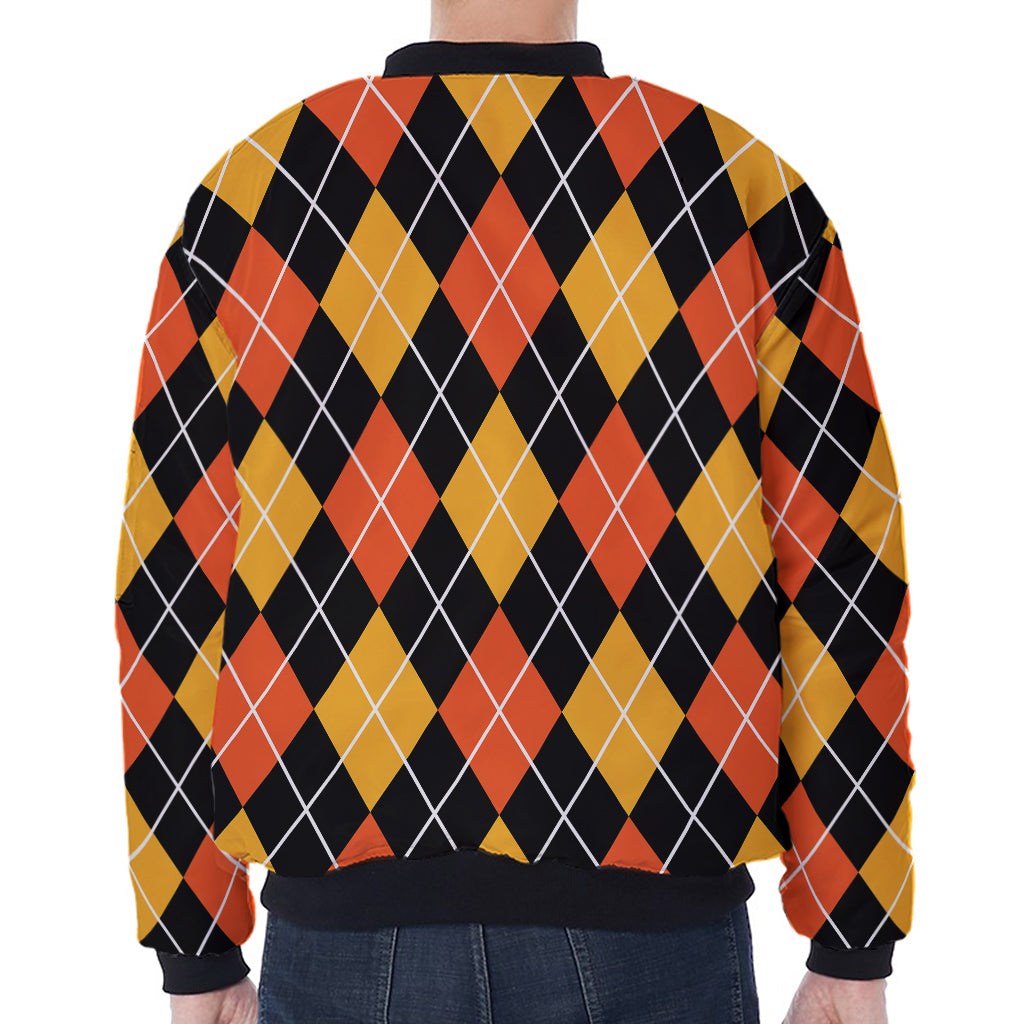 Halloween Black And Orange Argyle Print Zip Sleeve Bomber Jacket