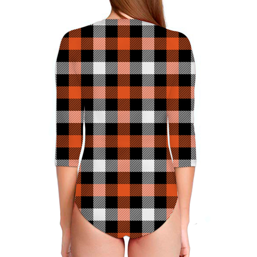 Halloween Buffalo Plaid Pattern Print Long Sleeve Swimsuit