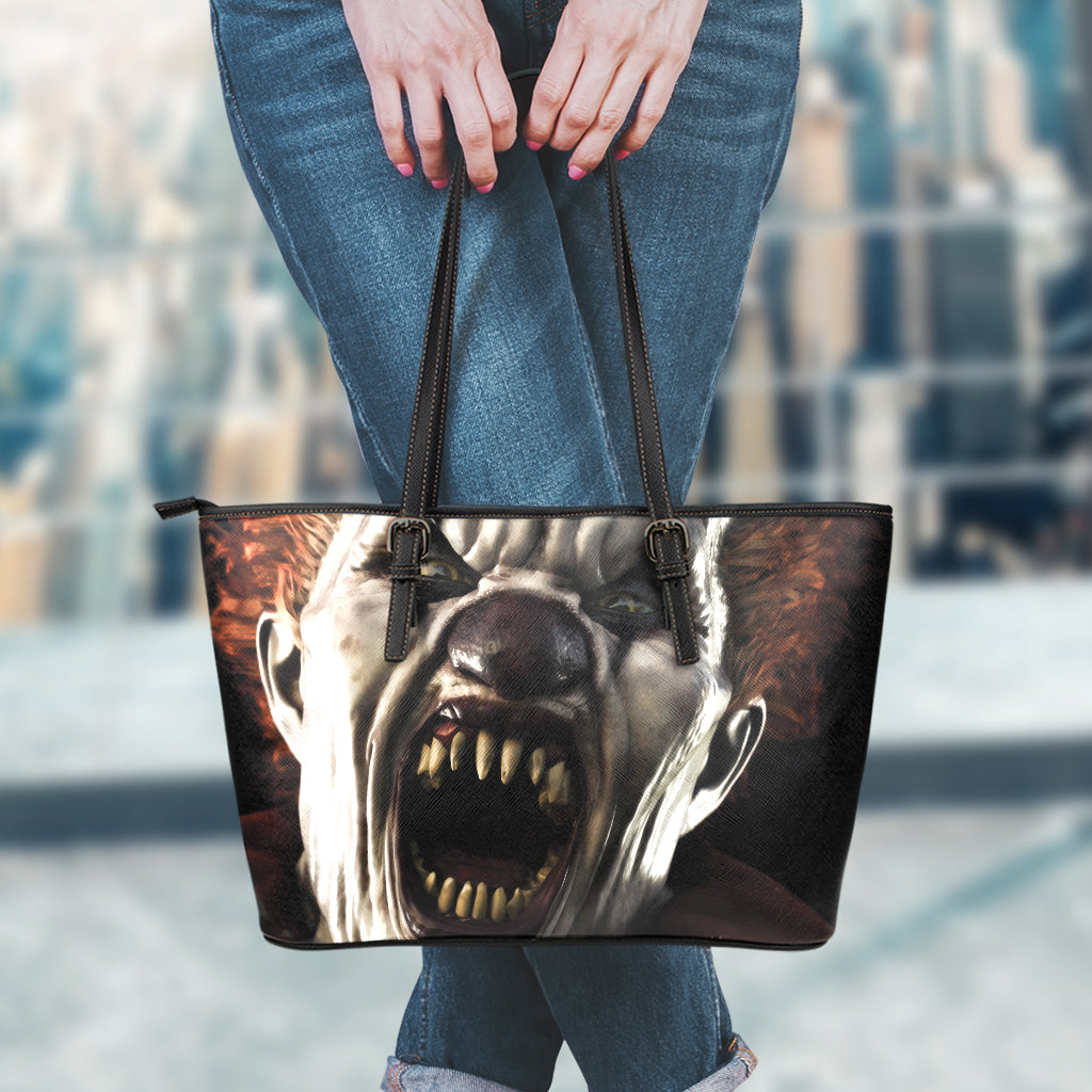 Halloween Clown Print Leather Tote Bag